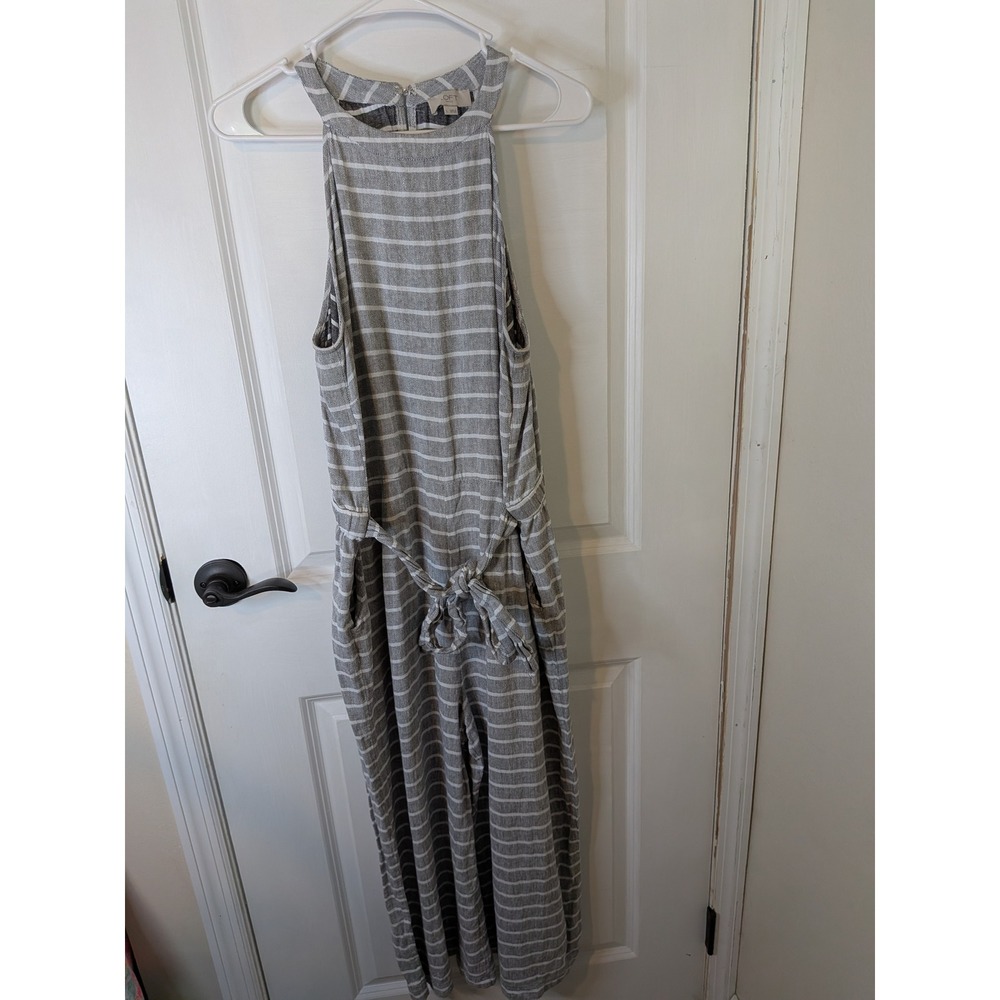 Loft‎ Outlet Grey White Striped Linen Blend Wide Leg Halter Jumpsuit Womens L